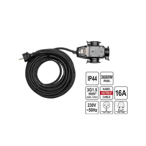 Yato Przedłużacz Z Rozgałęźnikiem 20M 3X1,5Mm2 Ip44 16A Yt-81162