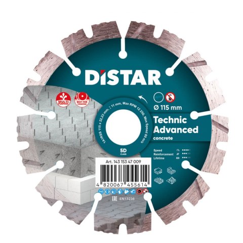 Distar Tarcza diamentowa do cięcia betonu zbrojonego segment 115mm TECHNIC ADVANCED 1A1RSS 143 153 47 009 Distar Tarcza diamentowa do cięcia betonu zbrojonego segment 115mm TECHNIC ADVANCED 1A1RSS 143 153 47 009