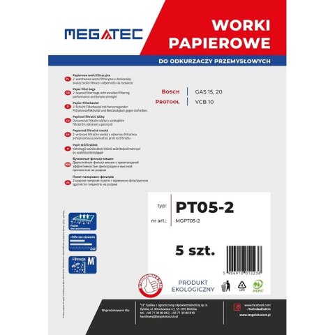 Worki papierowe Megatec do Bosch 15 l, kpl 5 szt MGPT05-2